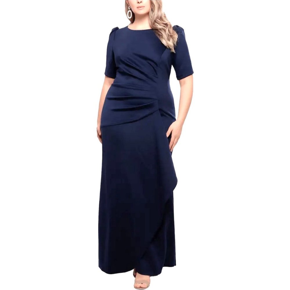 Xscape Elegant Ruched Long Dress Navy Blue 18W Evening Party Ball Wear Brand New